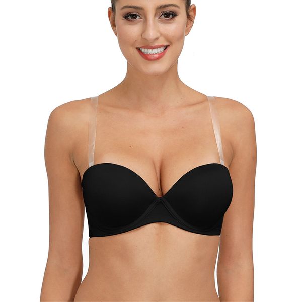 

vgplay bra padded push up solid plunge underwear transparent straps convertible non-slip underwire lingerie, Red;black