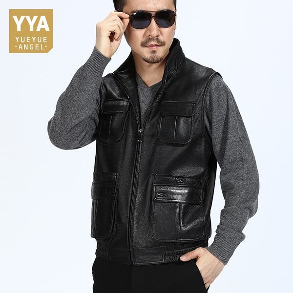 

british men casual outside multi-pockets fishermen vest luxury motorcycle nature leather jackets male loose windproof coats 4xl, Black