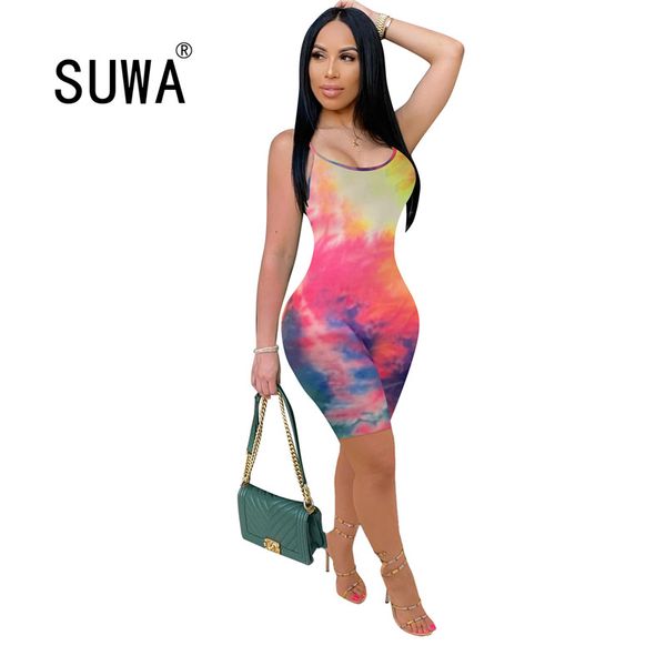 

colorful tie dye rompers womens jumpsuit spaghetti strap sleeveless one piece outfit summer crew neck backless skinny playsuits, Black;white