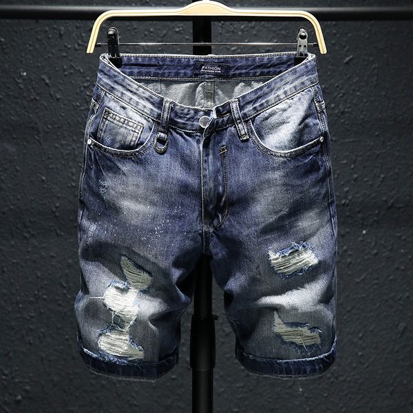 

men's summer knee length stretch denim shorts hole jeans washed pocket ripped hip hop shorts straight loose biker, Blue