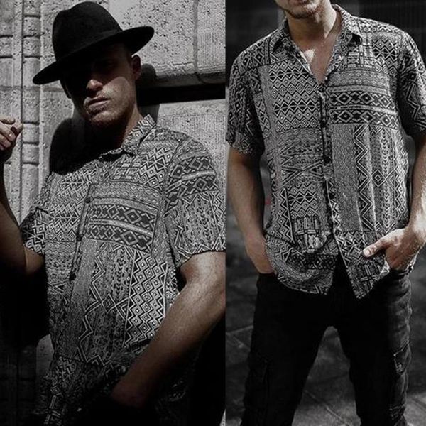 

klv men's summer fashion casual lapel retro print short sleeve shirt blouse camisas para hombre diy 2020 new 040735, White;black