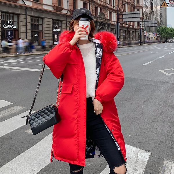

p shoot 2019 winter new style cotton coat women's mid-length double-sided wear large fur collar thick large size cotton coat, Blue;black