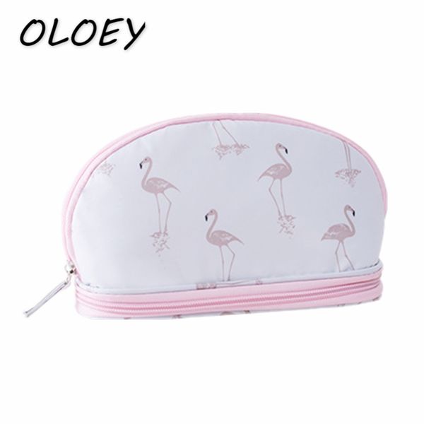 

women double layer cosmetic bag flamingo print makeup packs cosmetic brush case toiletry waterproof wash organizer pouch#
