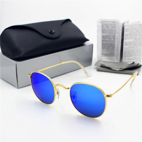 

1pcs new fashion men's women round retro sunglasses gold frame blue flash glass 50mm lens uv400 protection black case, White;black