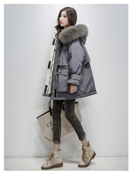 

large natural fox fur hooded winter jacket women 90% white duck down thick parkas warm sash tie up snow coat, Black