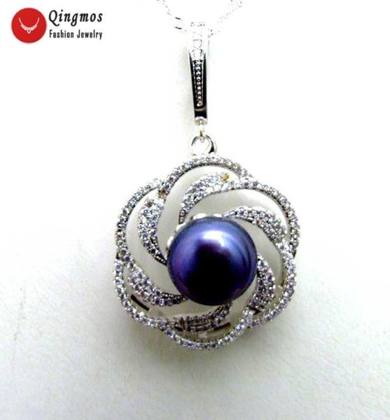 

chokers qingmos silver 25mm rose pendant necklace for women with natural 11-13mm flat round black pearl s925 chain 16", Golden;silver