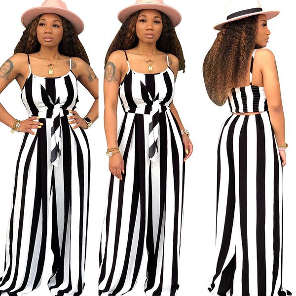 

echoine striped long jumpsuit spaghetti straps playsuit front tie long wide pant black bodysuit summer overalls for women, Black;white