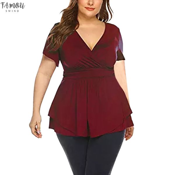 

плюс размер летняя мода плиссированной талией wrap блуза вскользь дамы sexy tee топы женский женщин с коротким рукавом рубашки blusas, White