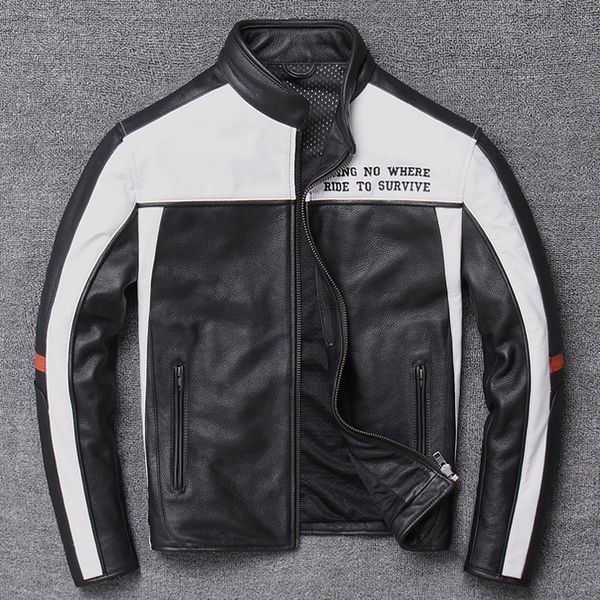 

men's leather & faux lear man motorcycle racing suit collar jackets brief paragraph first layer skin, Black