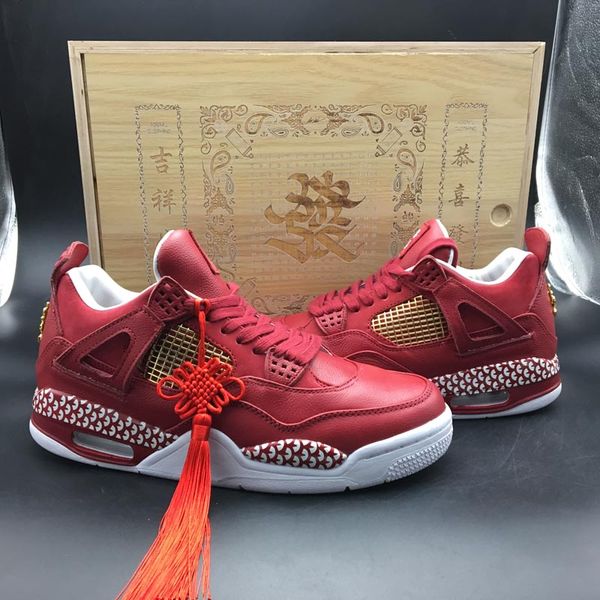

Chinese Elemen Basketball Shoes 4 4s Mens Red High-end Custom Outdoor Trainer Sports Sneaker Comfortable Designer Shoes Wooden Box