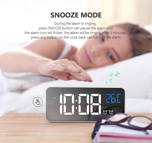 

digital alarm clock led temperature display portable mirror alarm dual snooze time 4 levels adjustable brightness dimmer