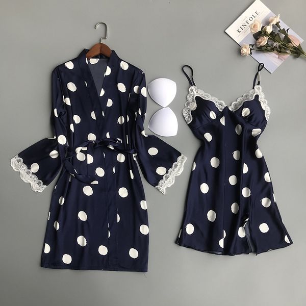

spring poplin ladies robe lace sleeping dress polka bot with breast pad autumn two-piece set nightgown skirt+coat sleepwear, Black;red