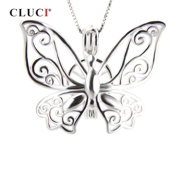 

cluci real silver 925 wedding necklace pendant jewelry elegant butterfly shaped charms pendant silver 925 pearl locket, Golden;white
