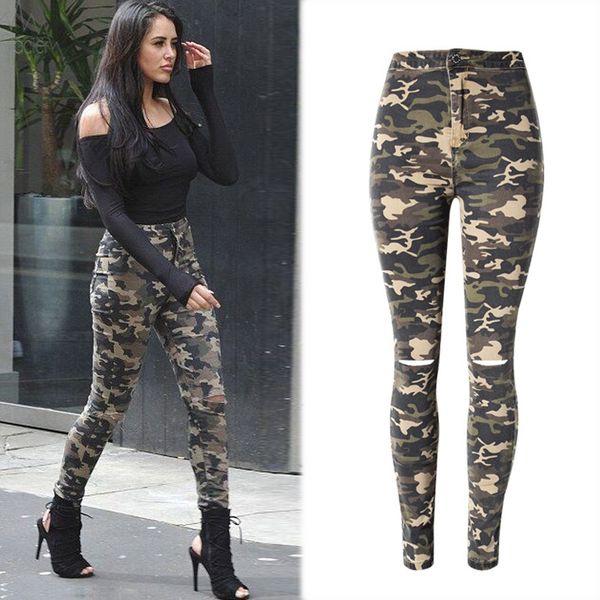 

new fashion skinny ripped jeans women high waisted camouflage jeans stretch pencil jean slim femme denim camo pants, Blue