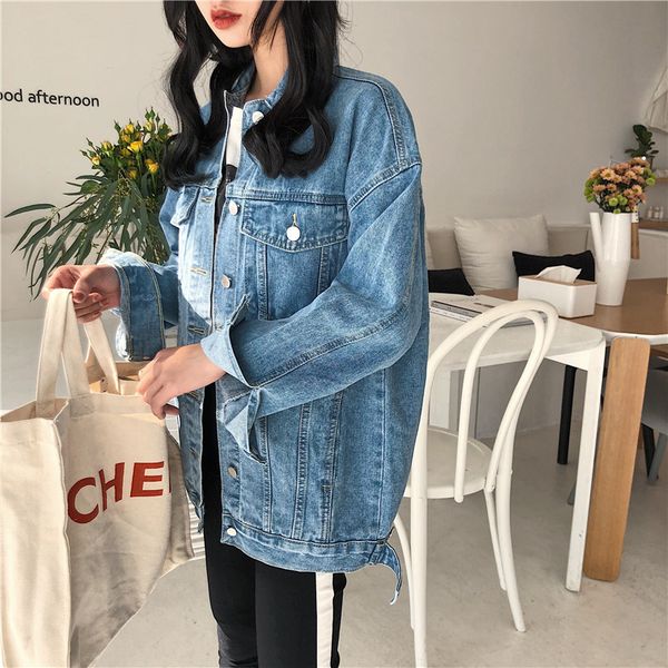

spring solid turn-down collar jean jacket for women loose casual blue fashionable women coats female outwear, Black;brown