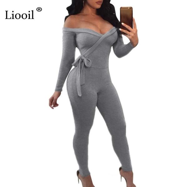 

liooil off shoulder jumpsuit long sleeve strapless bow bodycon women rompers gray club party female jumpsuits overalls, Black;white
