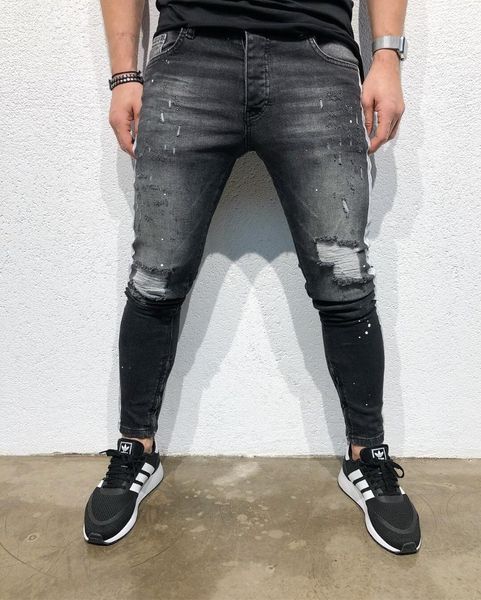 

черные проблемные джинсы slim fit длинные узкие уличные брюки мужские 19ss дизайнерские джинсовые брюки рваные, Blue