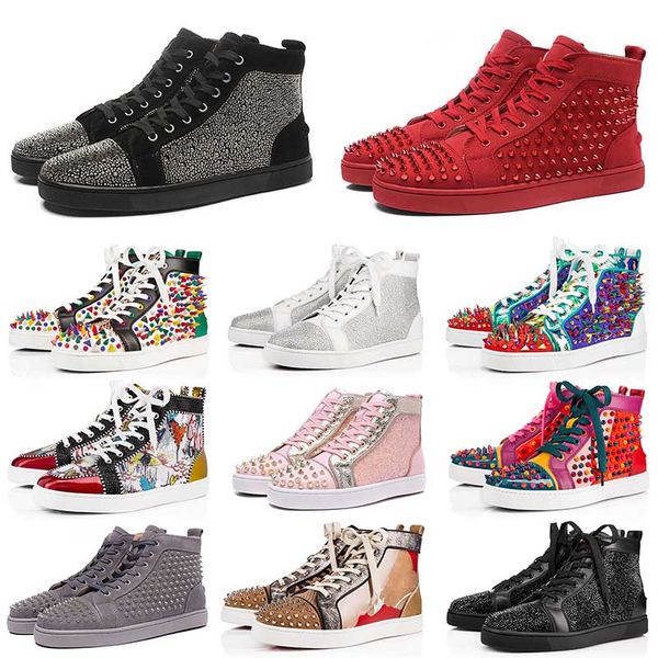 

designs shoes spike junior calf high low cut red bottoms sneaker luxury party wedding shoes genuine leather spikes lace-up casual shoes, Black