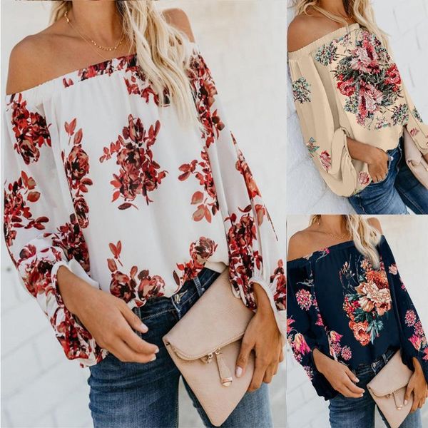 

multi floral print loose sweet womens shirt new design spring streetwear women salsh neck off shoulder 3 color, White