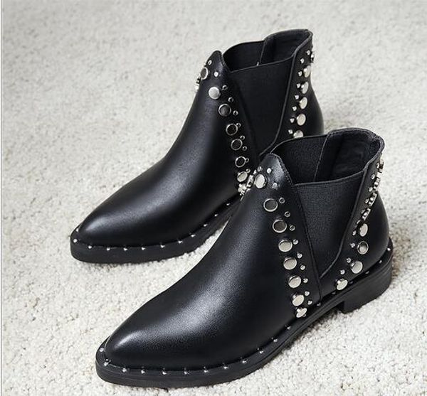 

sales wholesales pointed rivet booties europe & us fan thick with elastic belt boots comfortable wild pointed, Black