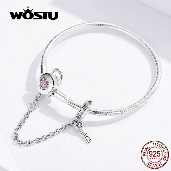 

wostu 100% 925 sterling silver heart key safety chain bracelets pink zircon charm bangle for women silver 925 jewelry fib143, Golden;silver
