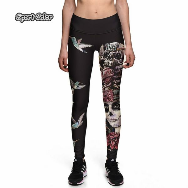 

europe popular women slim leggings trousers yoga fitness elastic tights girls black skulls high waist gym pants s-3xl, White;red