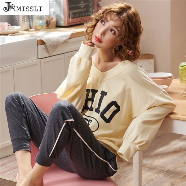 

jrmissli -xxl women pajamas sets 100% cotton nightwear autumn letter print pyjamas v-neck sleepwear female pijamas mujer, Black;red