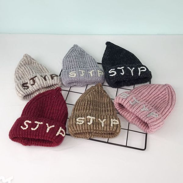 

children knitted hat winter hat solid color letters warm cap ears for children