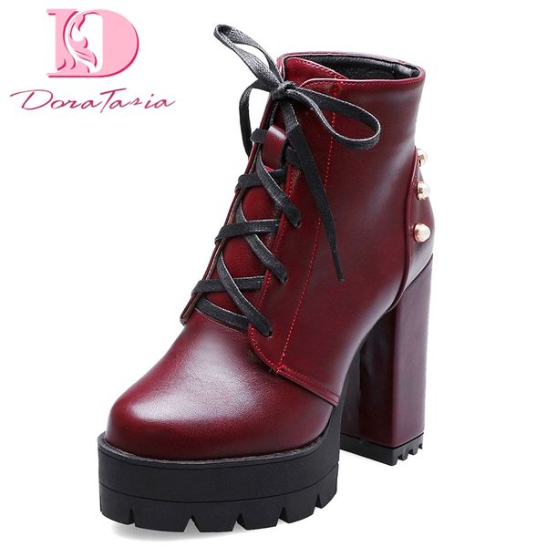 

doratasia brand 2019 large size 44 high heel winter shoes woman motorcycle boots female platform shoelace ankle boot women shoes, Black