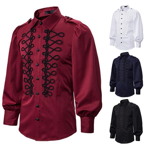 

2020 punk shirts military retro epaulets court style single breasted lapel collar lantern long sleeve shirt handicapped shirt a64, White;black