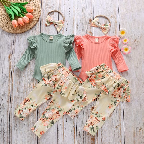 

pudcoco 3pcs newborn baby girls set solid color long sleeve ribbed romper floral pants+headband autumn casual outfits 0-18m, White