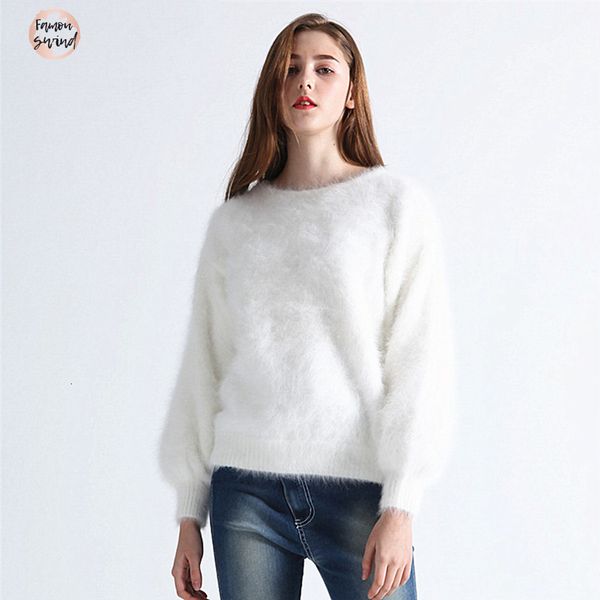 

sweater autumn womens angora rabbit knitted pullovers o neck lantern sleeve mink cashmere winter thick keep warm, White;black