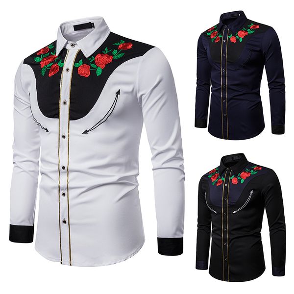 

brand men shirt high grade rose embroidery dress shirt slim fit casual long sleeve western cowboy shirts eu size xxl camisas, White;black