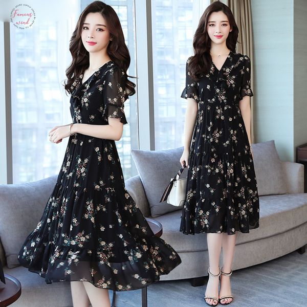 

summer black vintage floral chiffon midi sundress 2019 elegant women plus size boho dresses party short sleeve runway vestidos, Black;gray