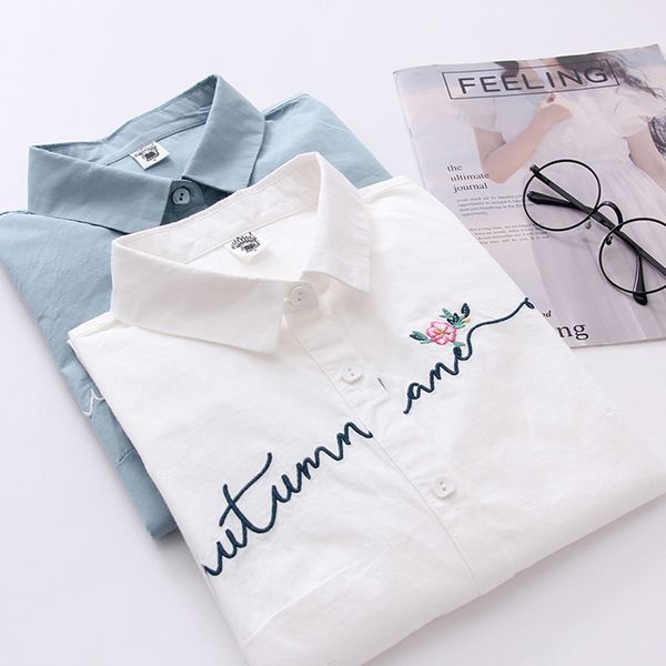 

fekeha white 100% cotton women school shirt letter floral embroidery blue ladies blouses long sleeve female office shirt