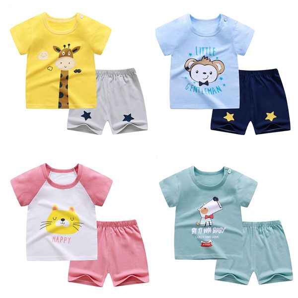 

baby kids suits 2pcs/set summer boys girls short sleeve t-shirts short pants cotton giraffe animal children casual clothes, White