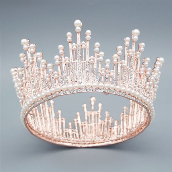 

baroque bridal crown for women diadem rhinestone pearls bride headdress queen hair circle tiaras and crowns wedding hair jewelry, Golden;white