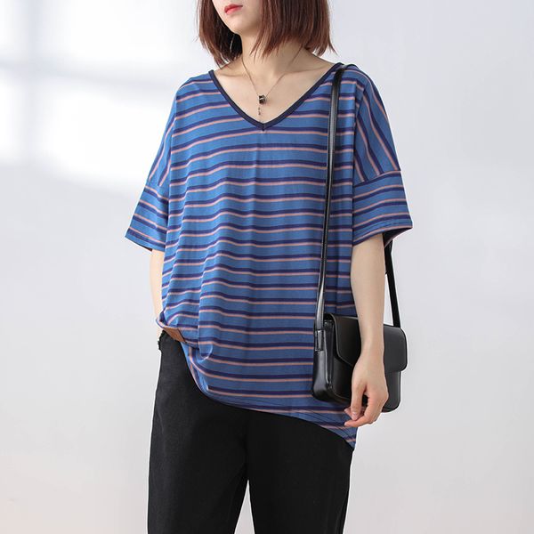 

women t shirt 2020 new style summer short-sleeve literature pullover striped v-neck cotton loose-fit fashion casual women, White