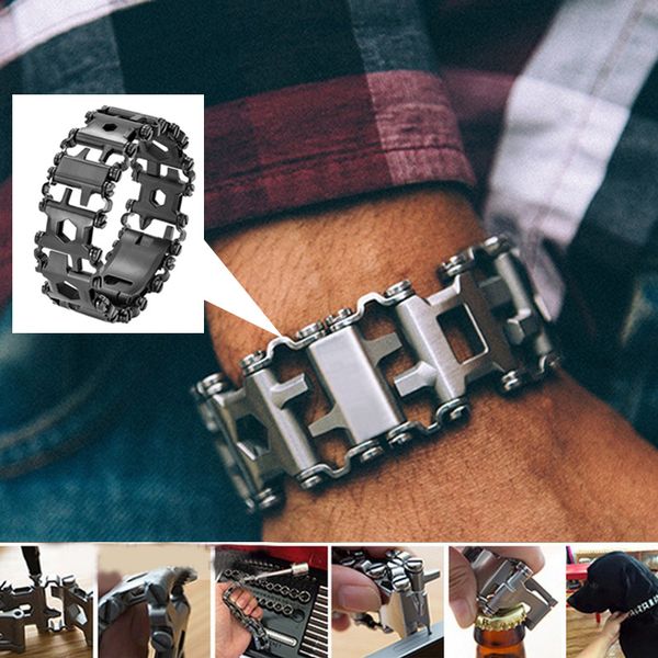 

29-in-1 stainless steel multi-functional bracelet wristband screwdriver bottle opener outdoor survival emergency tools, Black