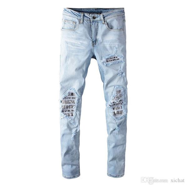 

mens ripped distressed light blue jeans fashion designer slim fit washed motocycle denim pants panelled hip hop biker trousers pn623