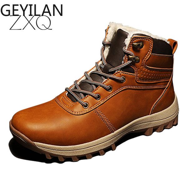 

winter warm men boots split genuine leather fur plus men snow boots handmade waterproof working ankle shoes, Black