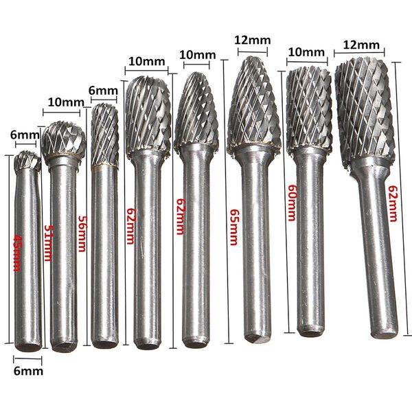 Freeshipping 8pcs / set 6 milímetros carboneto de tungstênio Burr Bits Arquivos Rotary CNC gravura Tool Set Para ferramenta de potência