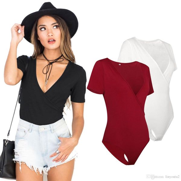 

2018 solid color plunge bodysuit women daring deep v neck bodysuit women jumpsuit romper onesie body feminino, Black;white