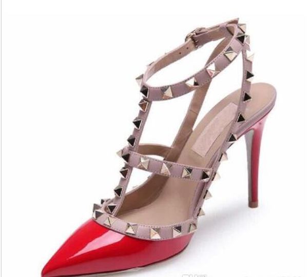 

women high heels sandals wedding shoes patent leather rivets sandals women studded strappy dress shoes v high heel shoes +logo +box #9012, Black