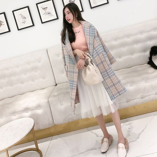 

autumn winter warm wooled tweed plaid jacket women new loose elegant ladies wool cashmere pink yellow long woolen coat female, Black
