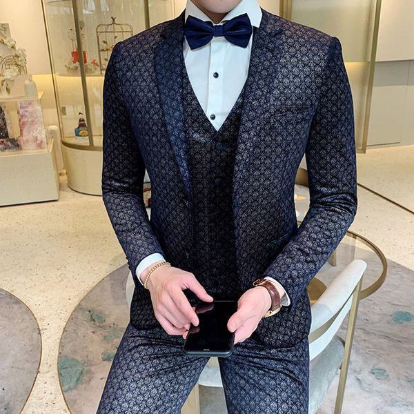 

men's suits & blazers (jackets+vest+pants) 2021 style fashion autumn business blazers/male slim fit printing groom dress s-3xl, White;black