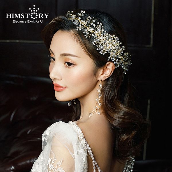 

himstory handmade long hair comb brides rhinestone pearl copper wire sweet luxury wedding hair comb bride headdress hairwear, Golden;white
