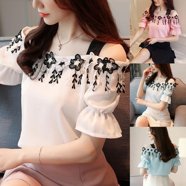 

korean fashion chiffon women blouses lace short sleeve shirts plus size off shoulder womens femininas elegante, White