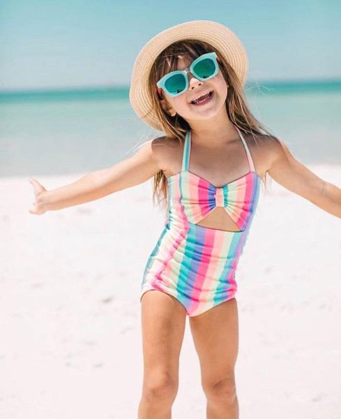

2018 toddler kids baby girl child bow tie rainbow one piece bikini swimwear swimsuit monokini bathing suit beachwear
