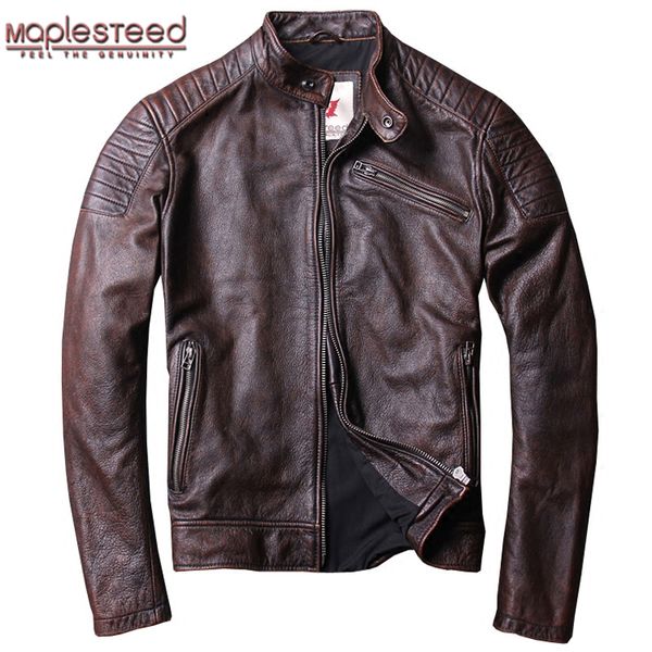 

maplesteed distressed vintage leather jacket men cowhide jackets red brown calfskin motor biker coat man leather coat slim m104, Black